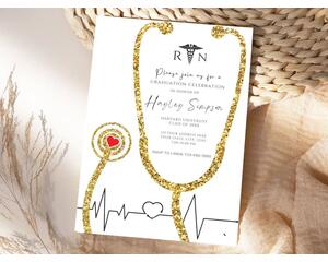 Editable Nurse Graduation White and Gold Invitation Template